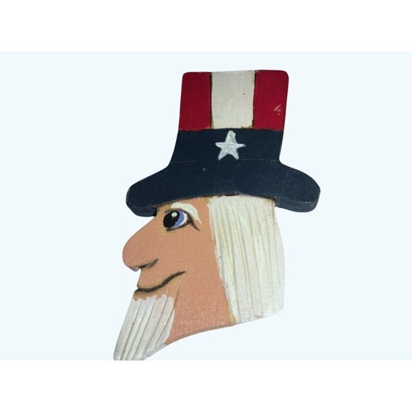 Handcrafted Uncle Sam Wood Patriotic Brooch Pin Red White Blue Vintage Accessory - Picture 2 of 4